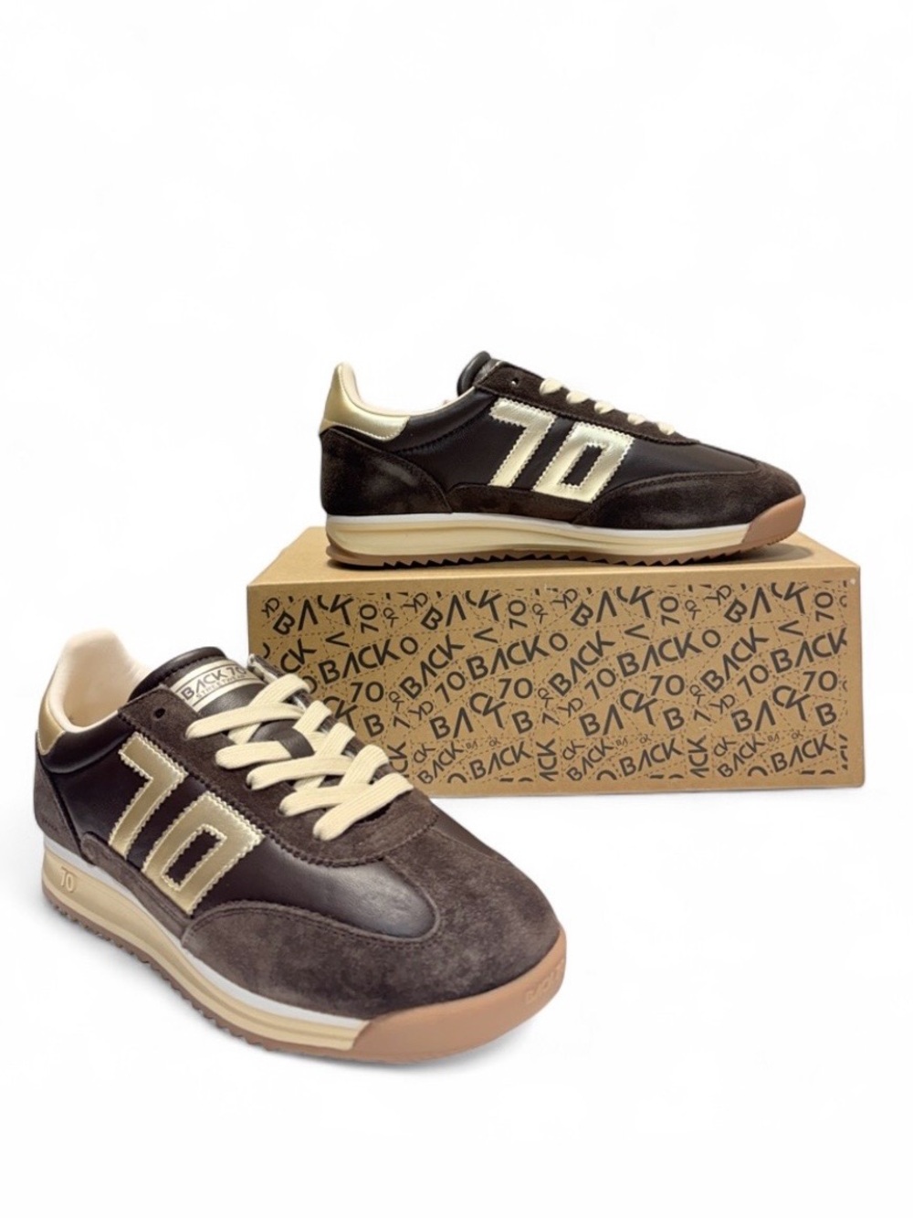 Women's Dark Brown and Gold Retro Trainer Sneakers